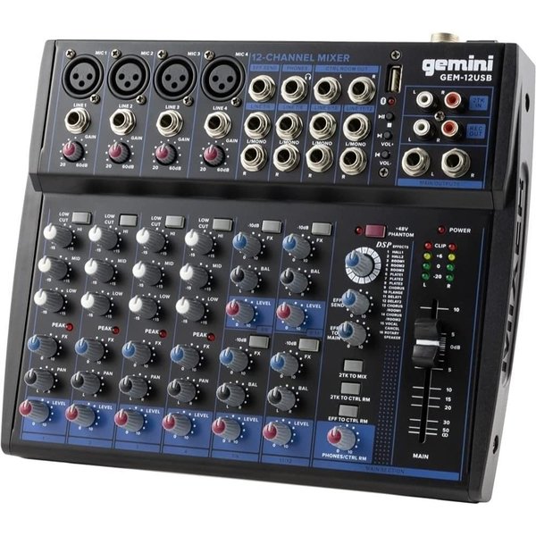 Gemini Compact 12 Channel Bluetooth Audio Mixer With USB  12 Ins, 2 Bus, 3 Band EQ GEM-12USB